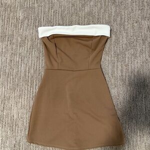 Fashion Nova Brown Strapless Skort Romper with Cream Accent